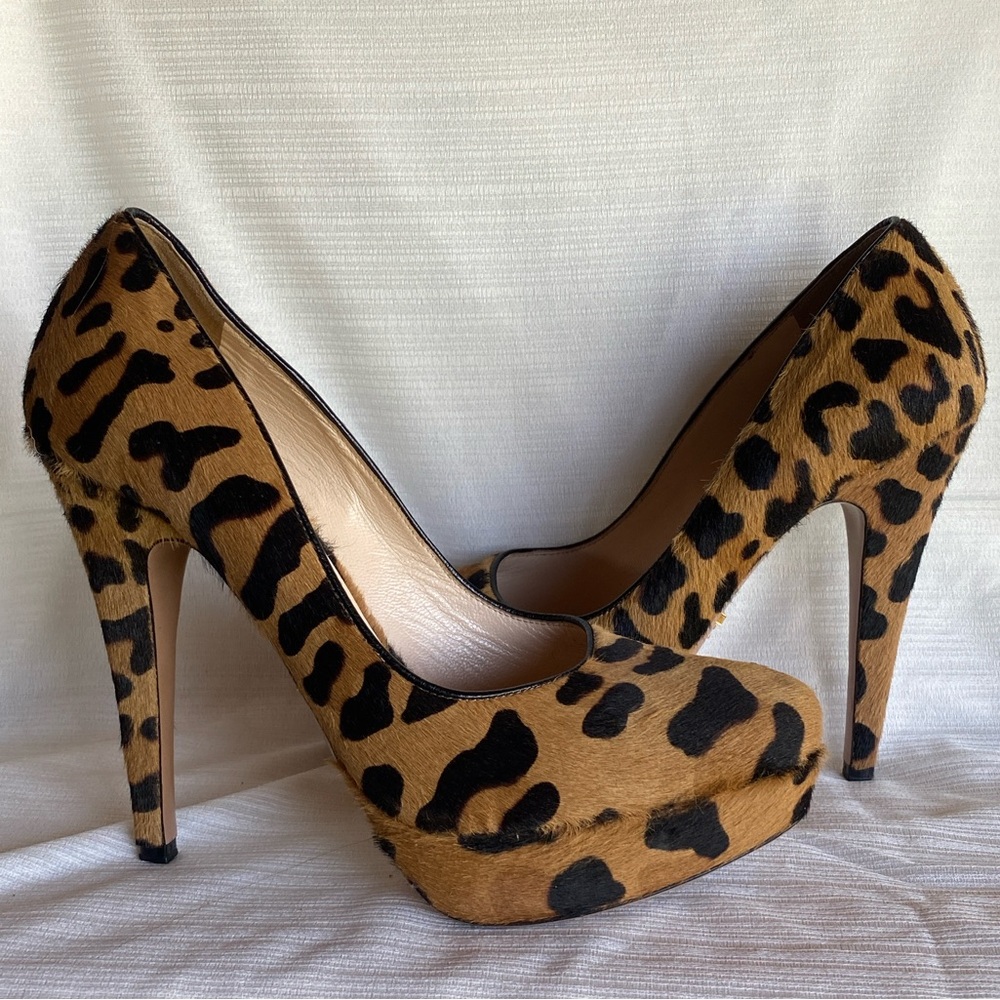 Prada Tan and Black Leopard Print Heels 4”